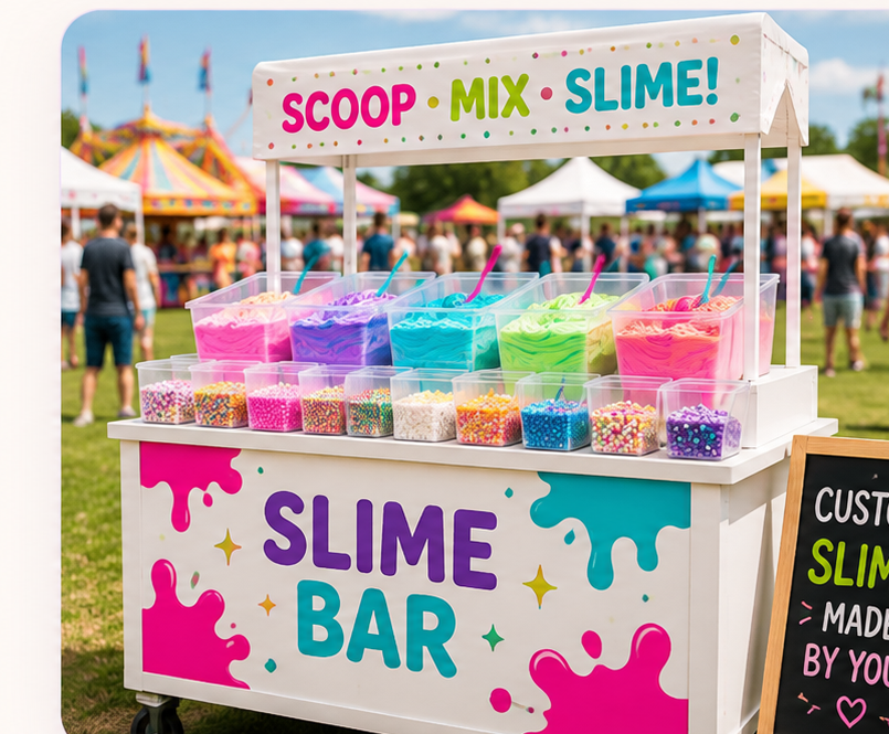 Elizabeth & Co. Slime Bar booth at a fair with colorful realistic slime bins